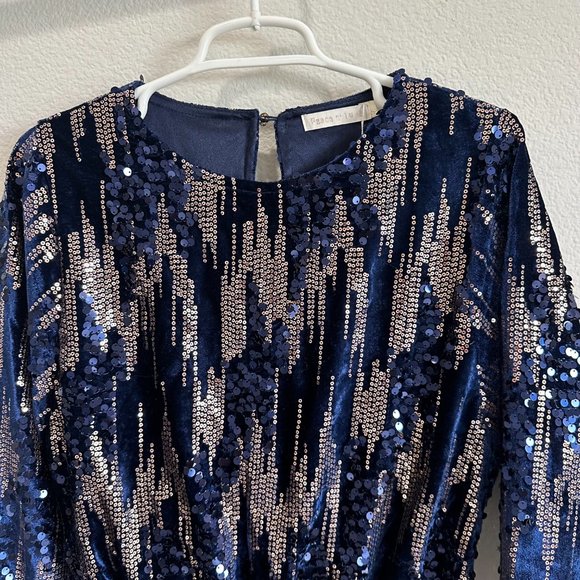Navy Blue & Gold Velvet Sequin Open Back Long Sleeve Romper - Picture 4 of 9